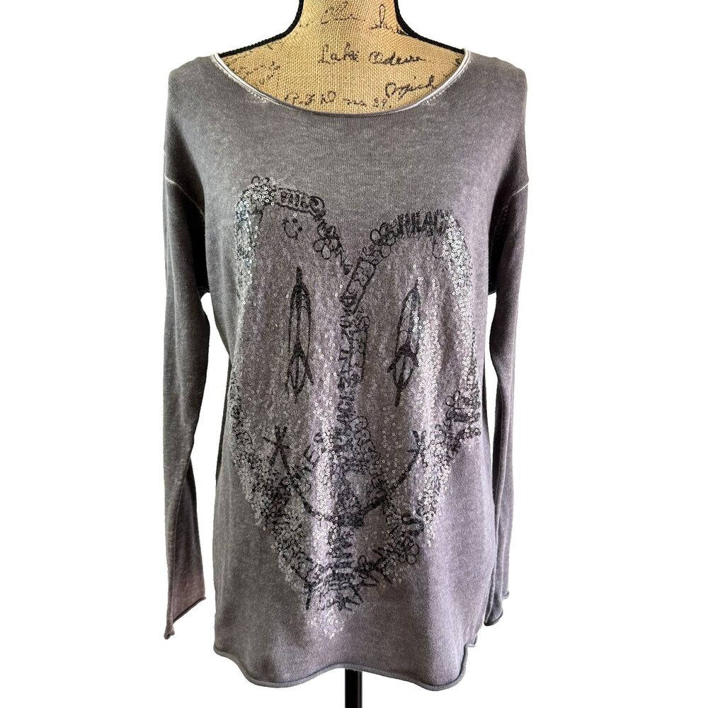 Princess Goes Hollywood Cotton/Cashmere Taupe Sequined Hearts Sweater Sz 8/38